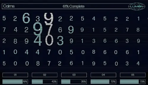 MDR Terminal gameplay: a grid of numbers on a dark terminal screen, with a cluster of digits growing larger under the cursor as it is selected for refining.