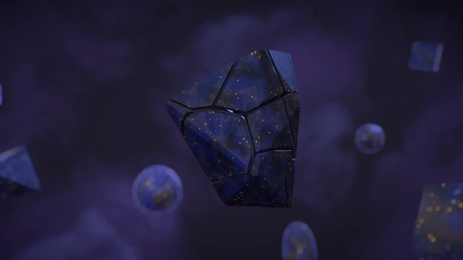 A deep blue lapis lazuli stone, fractured into fitted pieces with flecks of gold, floating among smaller stones in a dark purple nebula.