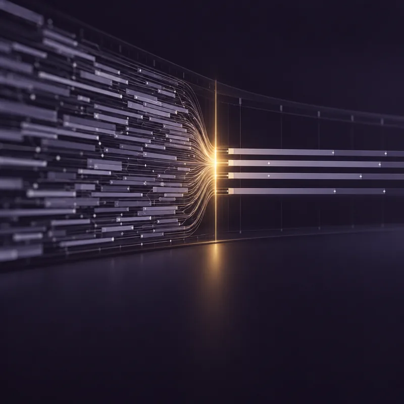 Dozens of tangled timeline layers flowing through one glowing seam and coming out as four neat, aligned tracks.