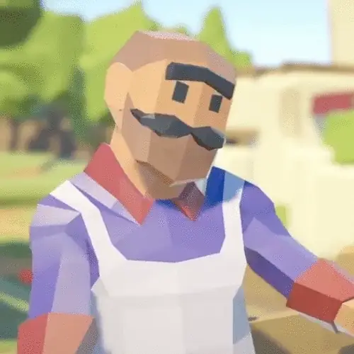 A low-poly character with a moustache and apron, from the NPCs short film.