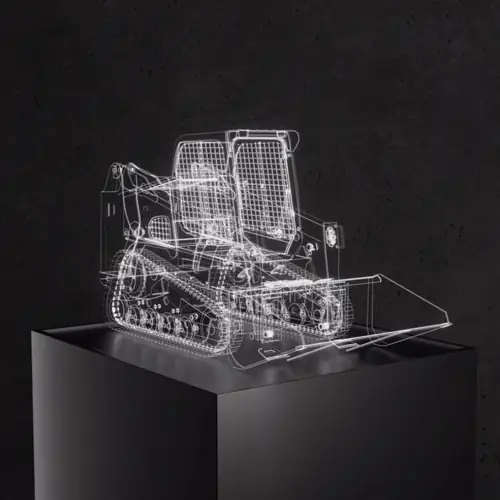 A glowing wireframe machine on a plinth, from Unity's real-time 3D marketing film.