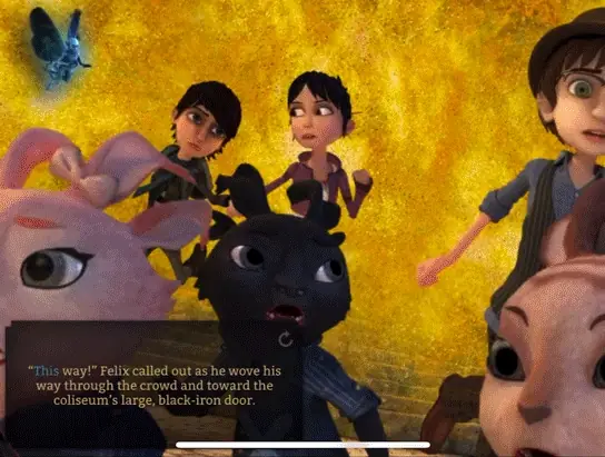 A boy beside a steampunk machine in a composited Weirdwood Manor scene, with story text below.